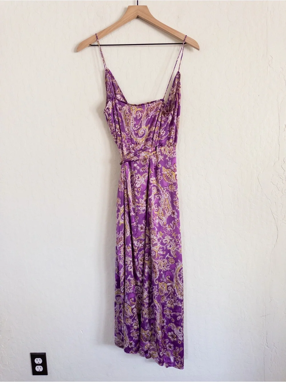 Zara Satin Paisley Sleeveless Spaghetti Strap Wrap Midi Dress Small Purple Party